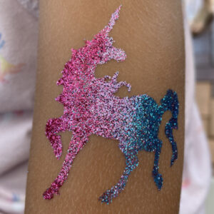 Pink, lavender and blue glitter tattoo unicorn